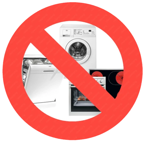 Durchgestrichene weiße Ware – Waschmaschine, Kühlschrank, Herd